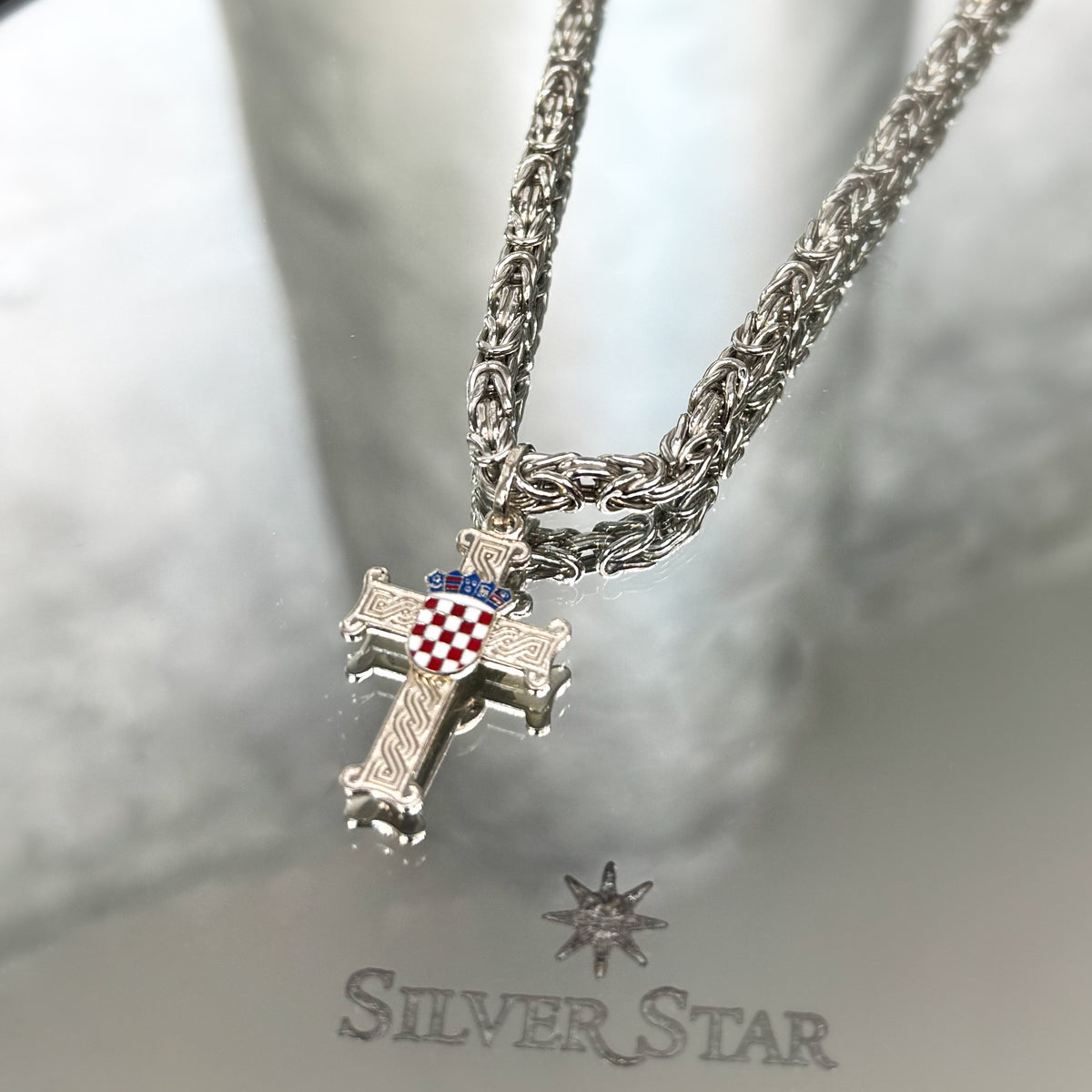 Srebrni lanac kraljevski vez sa križem hrvatski pleter i grbom - Silver Star