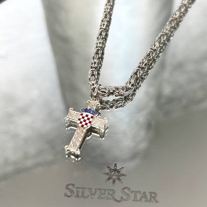 Srebrni lanac kraljevski vez sa križem hrvatski pleter i grbom - Silver Star